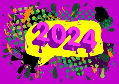 2024 Graffiti etiketi. Soyut modern tatil sokak sanatı dekorasyonu şehir boyama tarzında gerçekleştirildi.