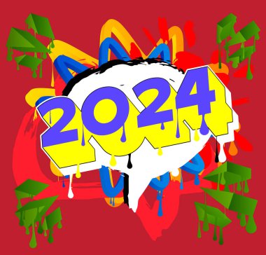 2024 Graffiti etiketi. Soyut modern tatil sokak sanatı dekorasyonu şehir boyama tarzında gerçekleştirildi.