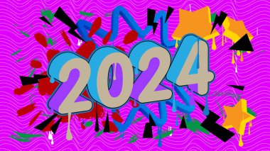 2024 Graffiti etiketi. Soyut modern tatil sokak sanatı dekorasyonu şehir boyama tarzında gerçekleştirildi.