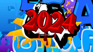 2024 Graffiti etiketi. Soyut modern tatil sokak sanatı dekorasyonu şehir boyama tarzında gerçekleştirildi.