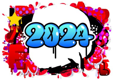 2024 Graffiti etiketi. Soyut modern tatil sokak sanatı dekorasyonu şehir boyama tarzında gerçekleştirildi.