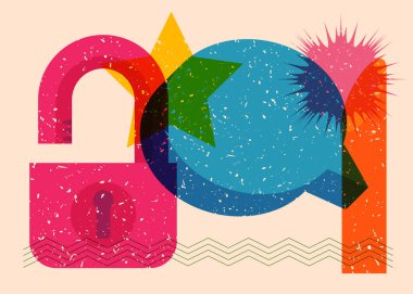 Geometrik şekilli konuşma baloncuğu ile Risograph Padlock. Geometri elemanları ile modayı gösteren riso grafik desen tasarımı nesneleri.