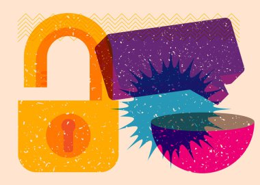 Geometrik şekilli konuşma baloncuğu ile Risograph Padlock. Geometri elemanları ile modayı gösteren riso grafik desen tasarımı nesneleri.