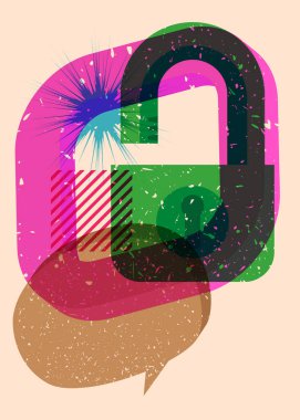 Geometrik şekilli konuşma baloncuğu ile Risograph Padlock. Geometri elemanları ile modayı gösteren riso grafik desen tasarımı nesneleri.