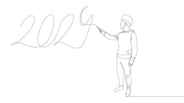 Sürekli olarak 2024 numarayı işaret eden bir insan çizgisi. İnce Çizgi Çizimi Vektör Konsepti. Contour Yaratıcı Fikirler Çiziyor.