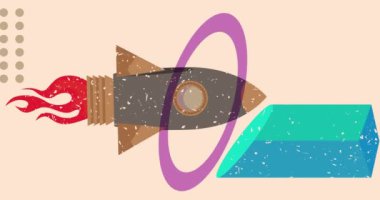Geometrik şekilli Risograph Roket Gemisi animasyon. Moda riso grafik tasarım videosunda uzay gemisi ve nesne taşınıyor.
