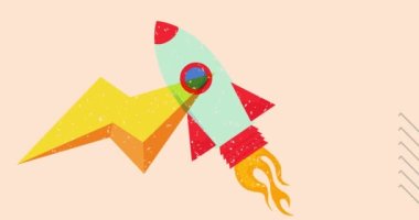 Geometrik şekilli Risograph Roket Gemisi animasyon. Moda riso grafik tasarım videosunda uzay gemisi ve nesne taşınıyor.