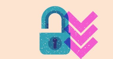 Geometrik şekilli Risograph Padlock animasyonu. Moda riso grafik tasarım videosunda nesne taşınıyor.