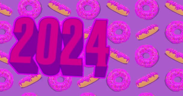Dansende Donut Patroon Met Nummer 2024 Cartoon Animatie — Stockvideo