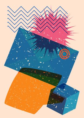 Geometrik şekilli konuşma baloncuklu mektup zarfı. Geometri elemanları ile modayı gösteren riso grafik desen tasarımı nesneleri.