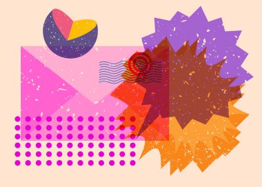 Geometrik şekilli konuşma baloncuklu mektup zarfı. Geometri elemanları ile modayı gösteren riso grafik desen tasarımı nesneleri.