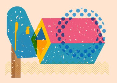 Geometrik şekilli Risograph posta kutusu. Geometri elemanları ile modadan riso grafik desen tasarımı post ve nesneler.