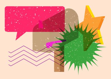Risograph Mailbox with speech bubble with geometric shapes. Objects in trendy riso graph print texture style design with geometry elements.