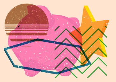 Risograph Piglet with geometric shapes. Objects in trendy riso graph print texture style design with geometry elements.