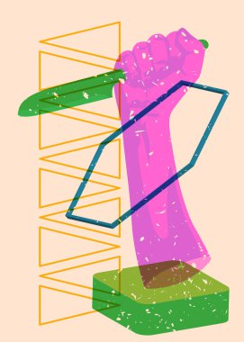 Geometrik şekillerle Risograph Kitchen Bıçağı el ele. Geometri elementleri ile moda riso grafik desen tasarımı korkunç katil nesne.