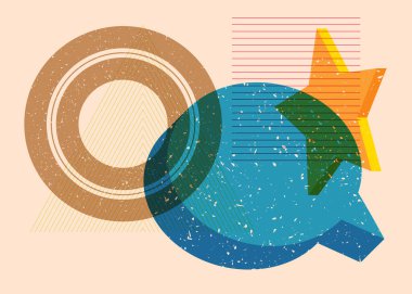 Geometrik şekilli Risograph konuşma balonu. Geometri elemanları ile modayı gösteren riso grafik desen tasarımı nesneleri.