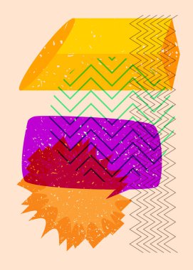 Geometrik şekilli Risograph konuşma balonu. Geometri elemanları ile modayı gösteren riso grafik desen tasarımı nesneleri.