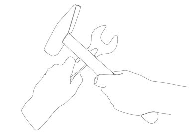Hammer ve Wrench 'in aralıksız bir hattı. İnce Hat çalışma araçları Illustration vektör konsepti. Contour Yaratıcı Fikirler Çiziyor.