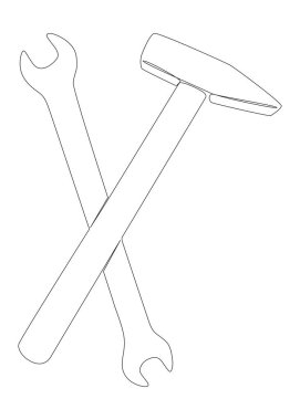 Hammer ve Wrench 'in aralıksız bir hattı. İnce Hat çalışma araçları Illustration vektör konsepti. Contour Yaratıcı Fikirler Çiziyor.