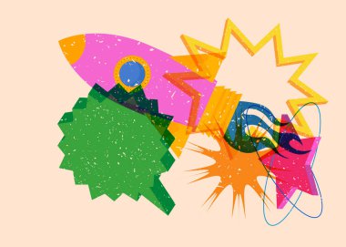 Geometrik şekilli bir konuşma baloncuğu ile Risograph Rocketship. Geometri elemanları ile modayı gösteren riso grafik desen tasarımı nesneleri.