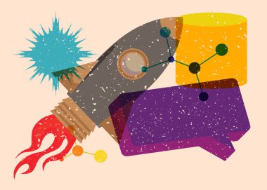 Geometrik şekilli bir konuşma baloncuğu ile Risograph Rocketship. Geometri elemanları ile modayı gösteren riso grafik desen tasarımı nesneleri.