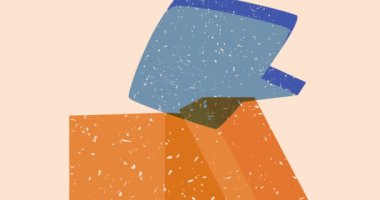 Konuşma balonu ve geometrik şekilli karton kutu animasyon. Moda riso grafik tasarım videosunda nesne taşınıyor.