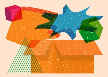 Geometrik şekilli konuşma baloncuklu karton kutu. Geometri elemanları ile modayı gösteren riso grafik desen tasarımı nesneleri.