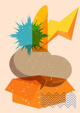 Geometrik şekilli konuşma baloncuklu karton kutu. Geometri elemanları ile modayı gösteren riso grafik desen tasarımı nesneleri.