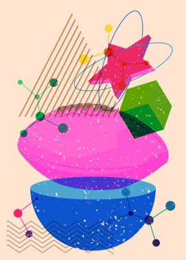 Geometrik şekilli Amerikan Futbol Topu Risograph. Geometri elemanları ile modayı gösteren riso grafik desen tasarımı nesneleri.
