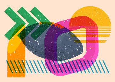 Geometrik şekilli Amerikan Futbol Topu Risograph. Geometri elemanları ile modayı gösteren riso grafik desen tasarımı nesneleri.