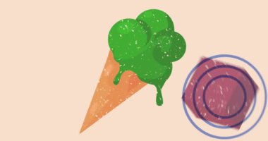 Geometrik şekilli Risograph Dondurması animasyon. Moda riso grafik tasarım videosunda nesne ile tatlı yiyeceklerin taşınması.