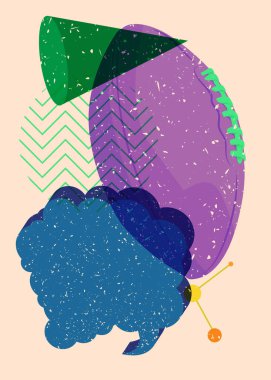 Geometrik şekilli konuşma baloncuklu Amerikan Futbol Topu. Geometri elemanları ile modayı gösteren riso grafik desen tasarımı nesneleri.