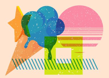 Geometrik şekilli Risograph Dondurması. Geometri elemanları ile modayı gösteren riso grafik desen tasarımı nesneleri.