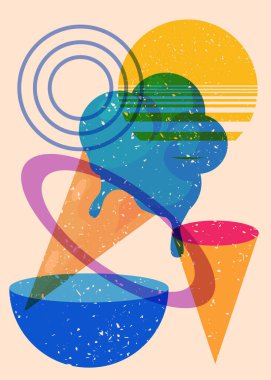 Geometrik şekilli Risograph Dondurması. Geometri elemanları ile modayı gösteren riso grafik desen tasarımı nesneleri.