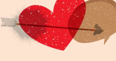 Geometrik şekilli Risograph Heart, Arrow ve konuşma balonu animasyonu. Moda riso grafik tasarım videosunda nesne taşınıyor.