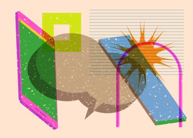 Geometrik şekilli konuşma baloncuklu Risograph Smart Phone. Geometri elemanları ile modayı gösteren riso grafik desen tasarımı nesneleri.