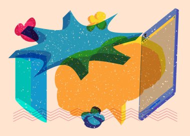 Geometrik şekilli konuşma baloncuklu Risograph Smart Phone. Geometri elemanları ile modayı gösteren riso grafik desen tasarımı nesneleri.