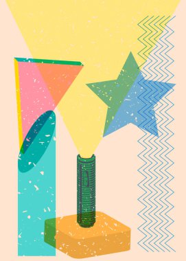 Geometrik şekilli Risograph Flashlight. Geometri elemanları ile modayı gösteren riso grafik desen tasarımı nesneleri.