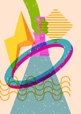 Geometrik şekilli Risograph Flashlight. Geometri elemanları ile modayı gösteren riso grafik desen tasarımı nesneleri.