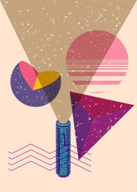 Geometrik şekilli Risograph Flashlight. Geometri elemanları ile modayı gösteren riso grafik desen tasarımı nesneleri.