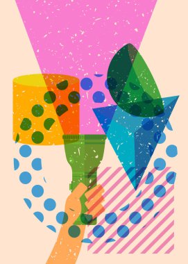 Geometrik şekilli Risograph Flashlight. Geometri elemanları ile modayı gösteren riso grafik desen tasarımı nesneleri.