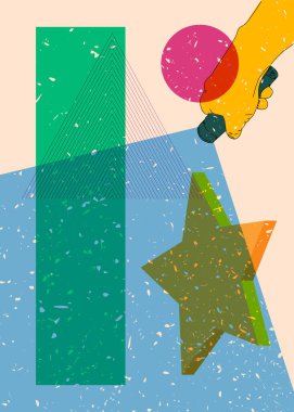 Geometrik şekilli Risograph Flashlight. Geometri elemanları ile modayı gösteren riso grafik desen tasarımı nesneleri.