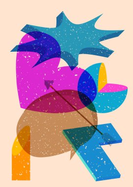 Geometrik şekilli konuşma baloncuklu Risograph Heart and Arrow. Geometri elemanları ile modayı gösteren riso grafik desen tasarımı nesneleri.