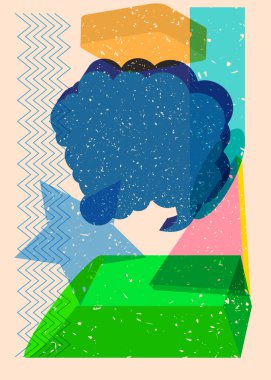 Geometrik şekilli Risograph konuşma balonu. Geometri elemanları ile modayı gösteren riso grafik desen tasarımı nesneleri.