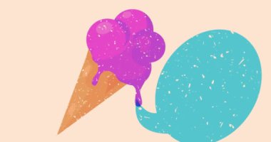 Konuşma balonu ve geometrik şekilli Risograph Dondurması animasyon. Moda riso grafik tasarım videosunda nesne ile tatlı yiyeceklerin taşınması.