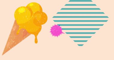 Konuşma balonu ve geometrik şekilli Risograph Dondurması animasyon. Moda riso grafik tasarım videosunda nesne ile tatlı yiyeceklerin taşınması.
