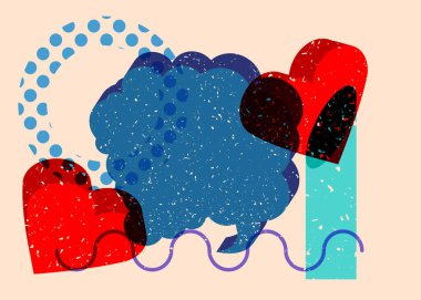 Geometrik şekilli konuşma baloncuklu kırmızı kalp riski. Geometri elemanları ile modayı gösteren riso grafik desen tasarımı nesneleri.