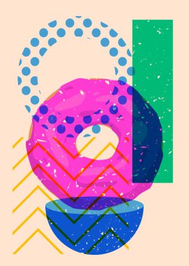 Geometrik şekilli Risograph Donutu. Geometri elemanları ile modayı gösteren riso grafik desen tasarımı nesneleri.