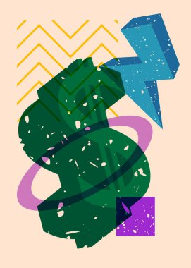 Geometrik şekilli Risograph Dolar İşareti. Geometri elemanları ile modayı gösteren riso grafik desen tasarımı nesneleri.