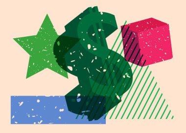 Geometrik şekilli Risograph Dolar İşareti. Geometri elemanları ile modayı gösteren riso grafik desen tasarımı nesneleri.